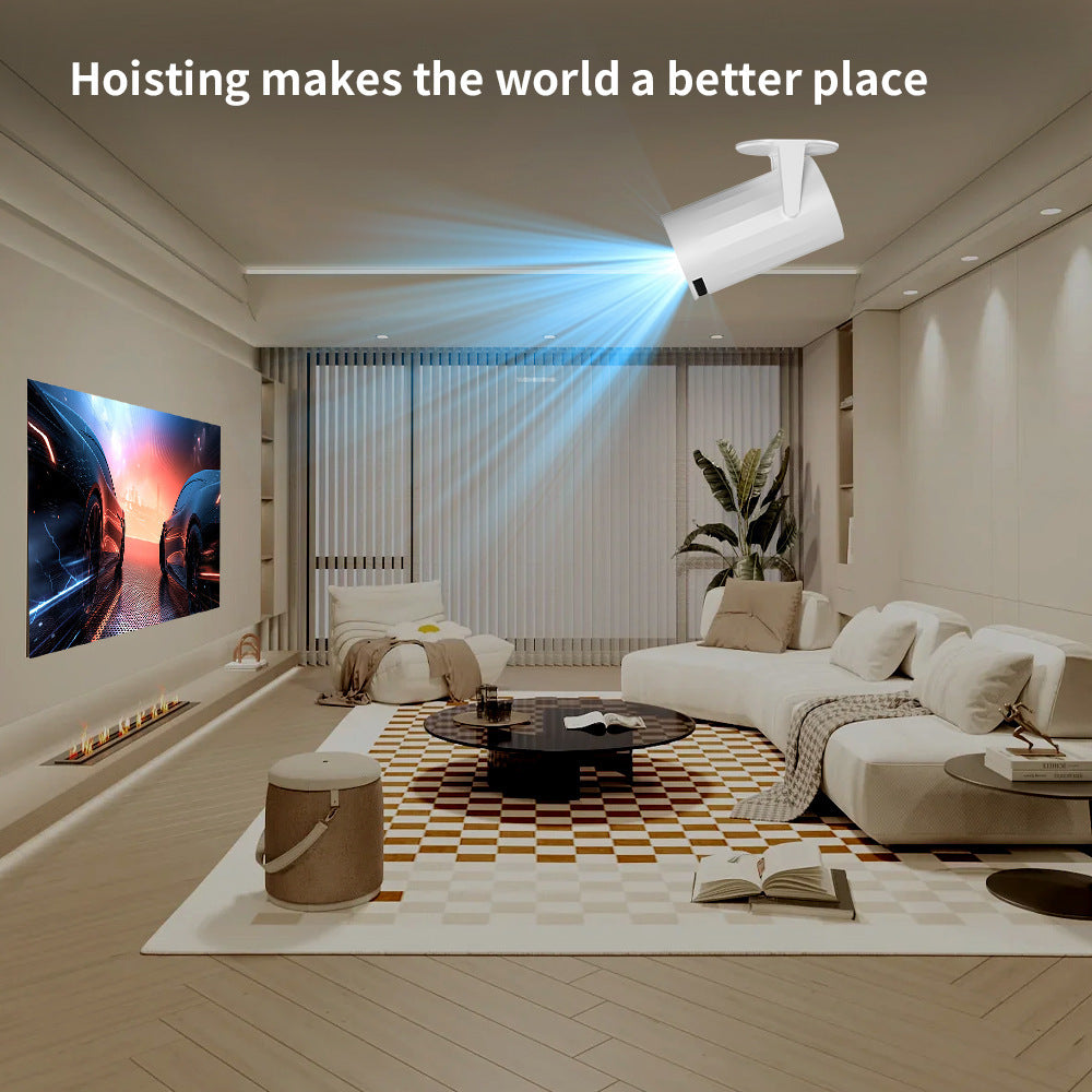Mini portable projector in modern living room setup displaying images.