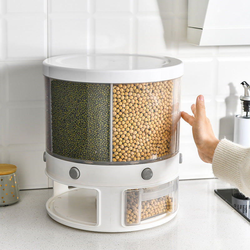 Rotatable food storage box with partition, transparent design, and moisture-proof features for organizing grains.