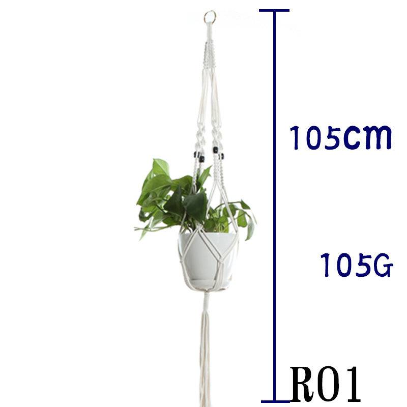 Beige cotton rope plant hanger with potted plant, hanging design, measures 105 cm in length.