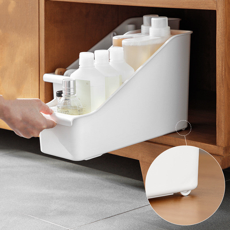 White multi-purpose movable storage cabinet with bottles inside.