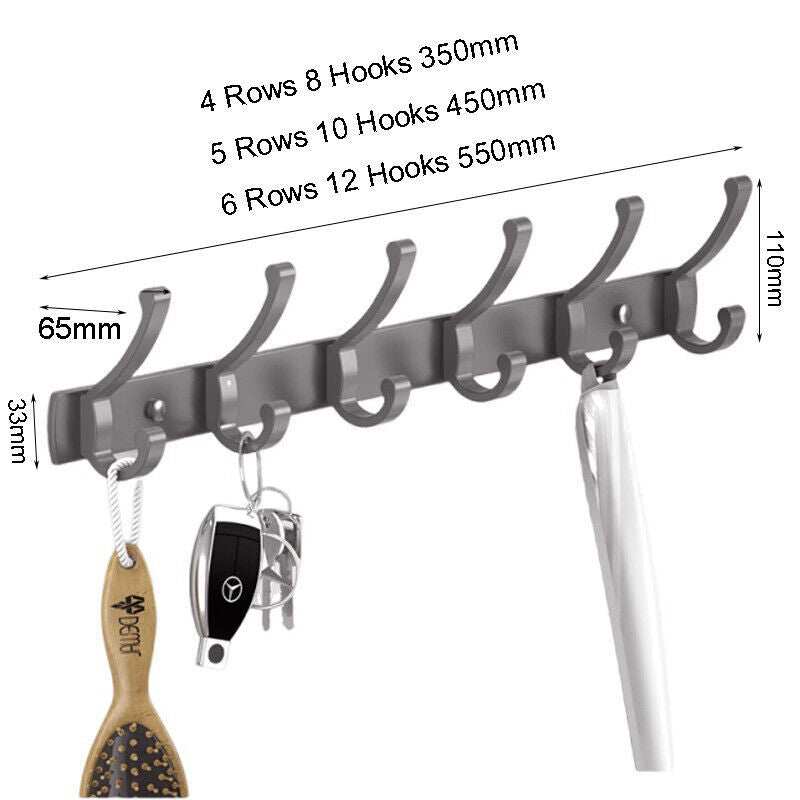Aluminum wall mounted hanger with multiple hooks for organized storage.