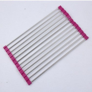 Folding kitchen drain sink rack with stainless steel tubes and pink ends.