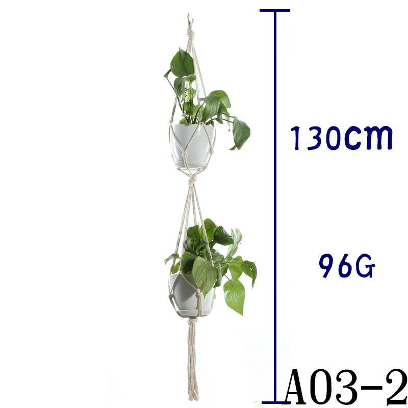 Beige cotton rope plant hanger with double pot holder, 130cm length.