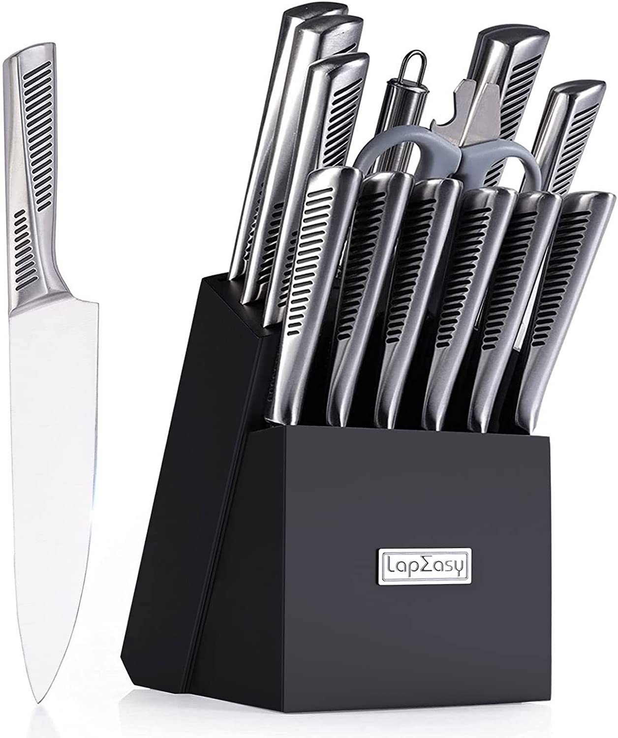 LapEasy 15-piece kitchen knife set with stainless steel hollow handle and block.