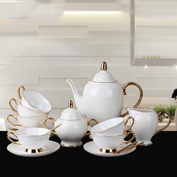 Bone China Tea Set with gold accents, including cups, saucers, coffee maker, milk jug, and sugar bowl, hand-painted and Western style.