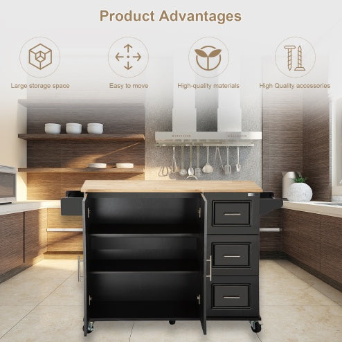 Kitchen island trolley with extendable rubberwood tabletop and adjustable cabinet shelves in modern kitchen.