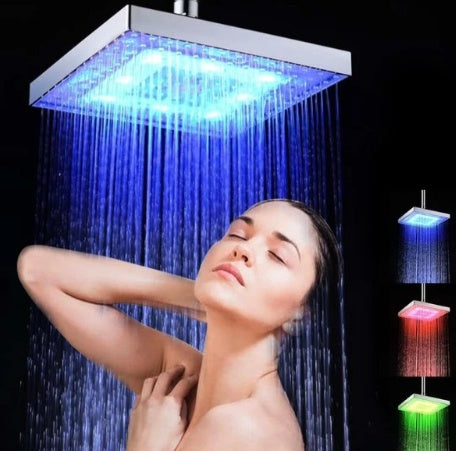 Luminous color changing shower head with vibrant LED lights.