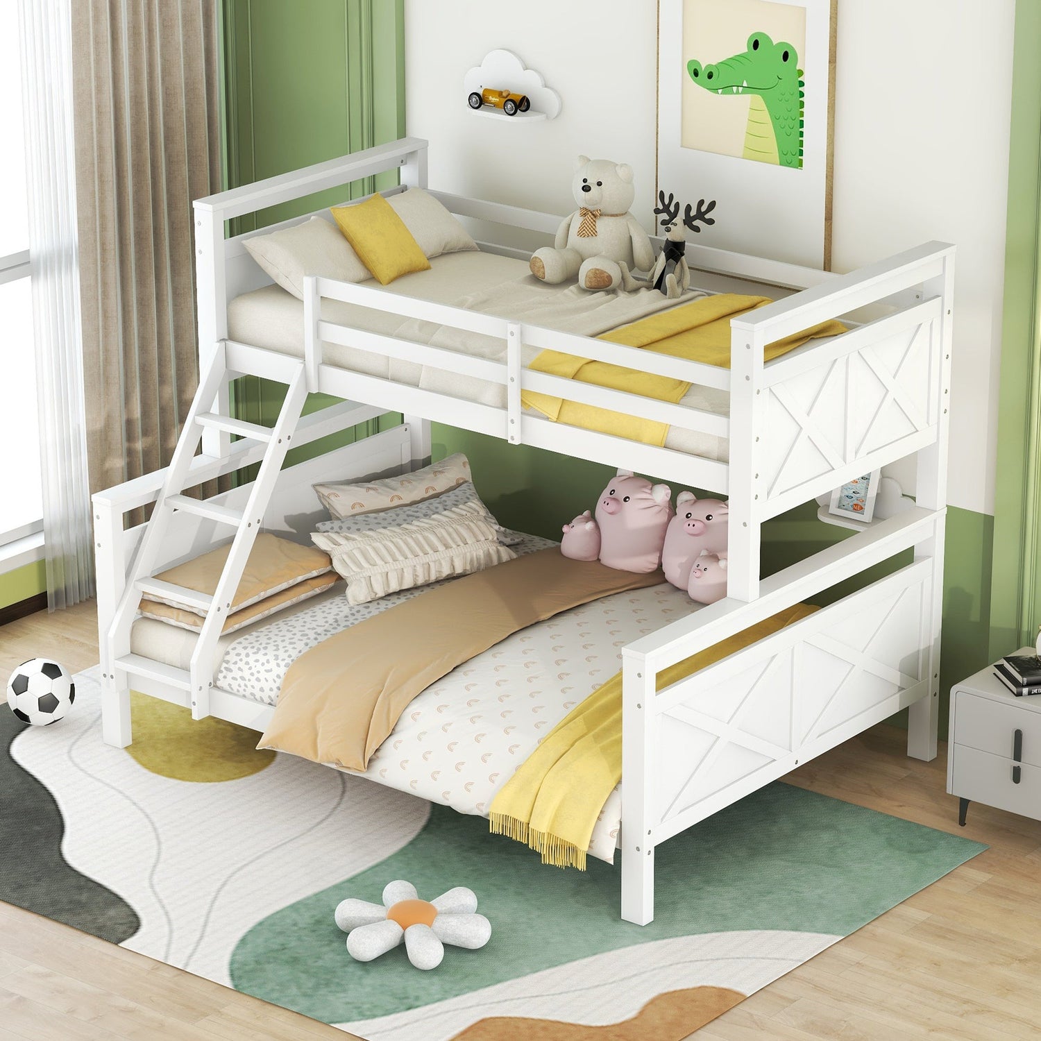 Pine children's bunk bed with ladder, convertible to two beds, white.
