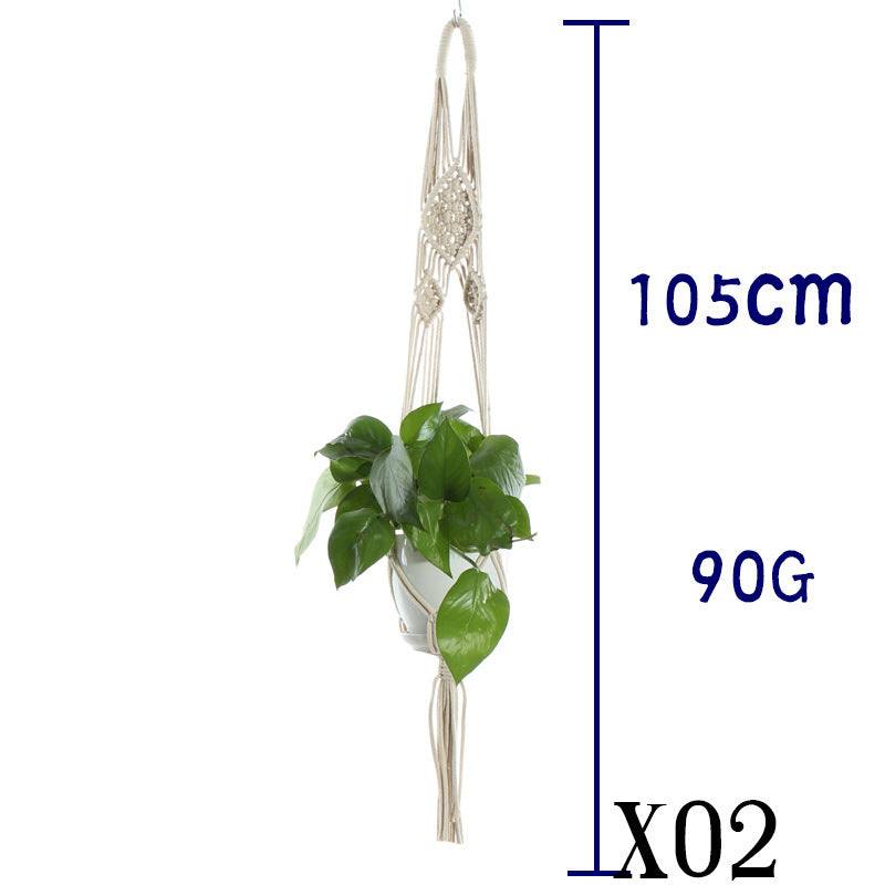 Beige cotton rope plant hanger, 105cm long, holding green plant in white pot.