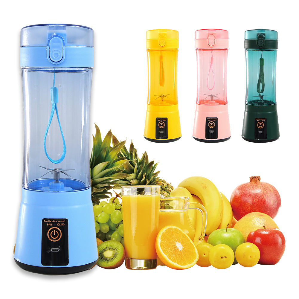 Portable juicer with various fruits.