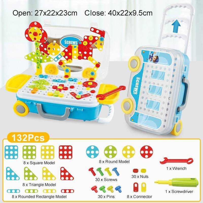 132/308Pcs Kids Electric Drill Toys DIY set with colorful shapes in an open plastic toolbox, promoting imaginative play and coordination skills for children aged 3 and above.