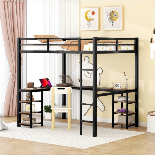 Guardrails loft bed frame with ladder, desk, and shelves in black metal with vintage wood accents in a bedroom setting.
