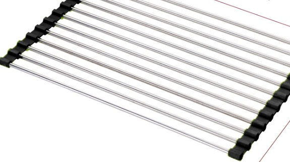 Folding kitchen drain sink rack made of stainless steel with black grips.