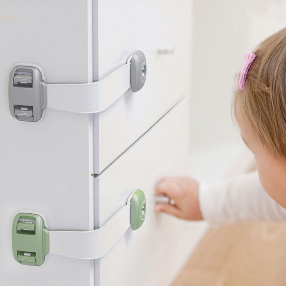Child safety cabinet locks on white drawers, preventing access.