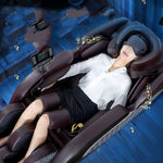 Luxury full body massage chair with reclining feature and music function in black and brown polyurethane leather.