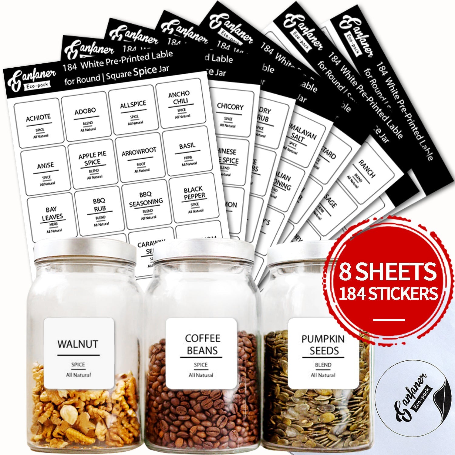 Waterproof food labels for pantry with rectangle shape, PVC self-adhesive, 8 sheets of 184 stickers.