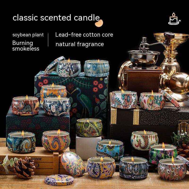 Soybean wax dried floral fragrance candle set with decorative tins, featuring natural scents for various occasions.