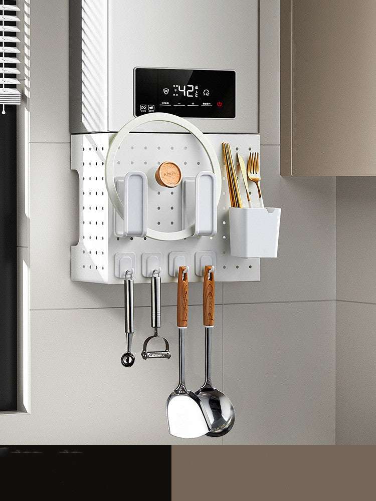 Kitchen punch-free wall mounted utensil storage rack with hooks and compartments.
