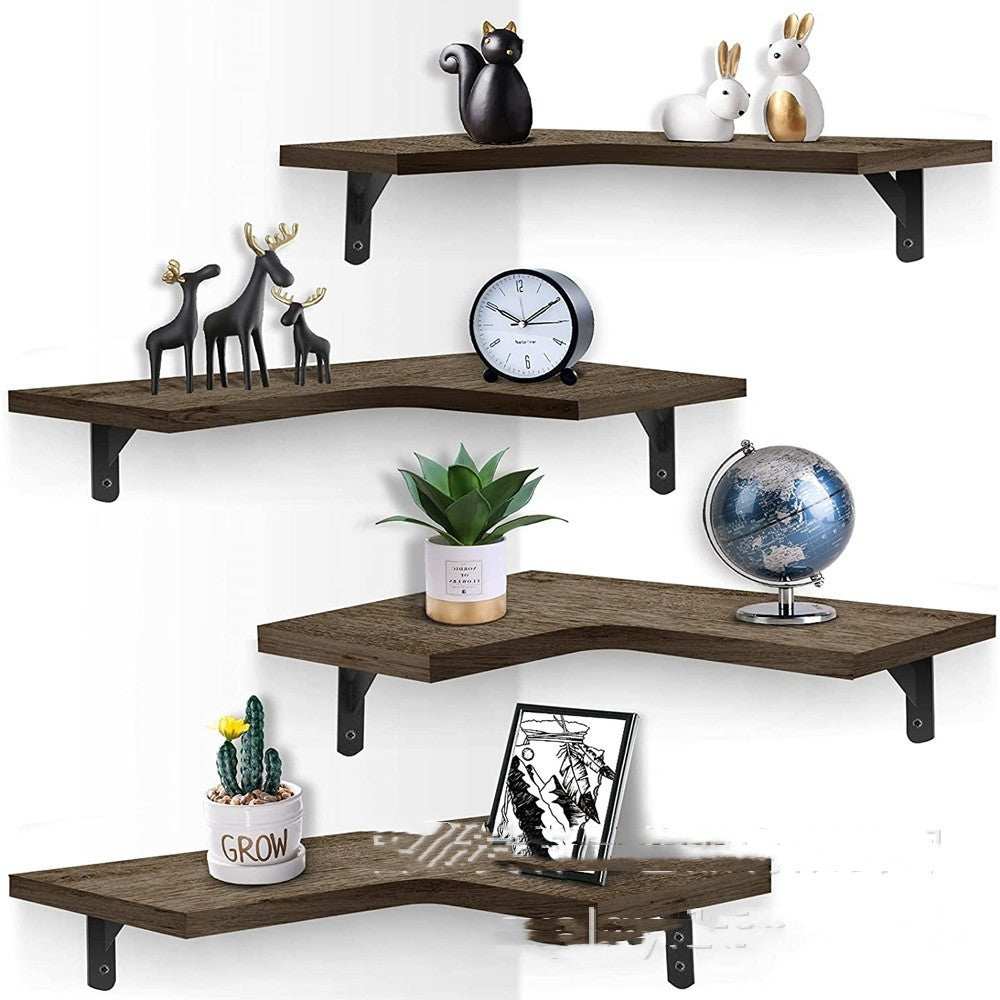 American style wooden wall shelving with four dark brown layers for storage and organization.