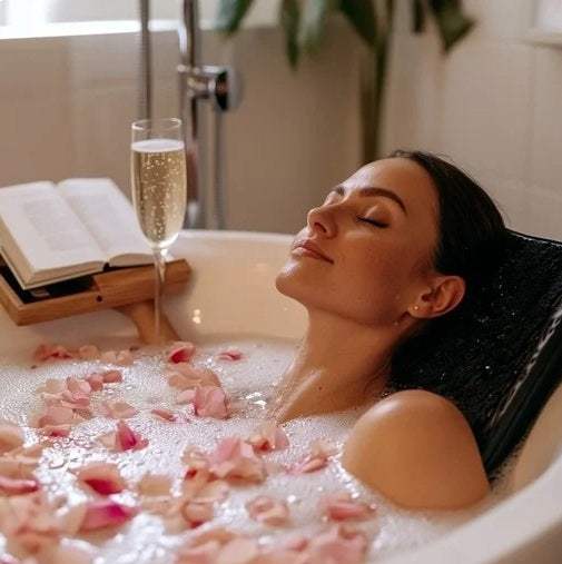 Bath relaxation with rose petals, book, and champagne in tub.