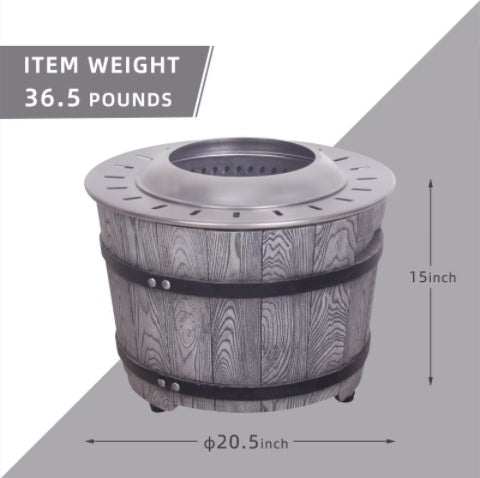 Smokeless fire pit with wood barrel appearance and antique dark gray wood grain effect.