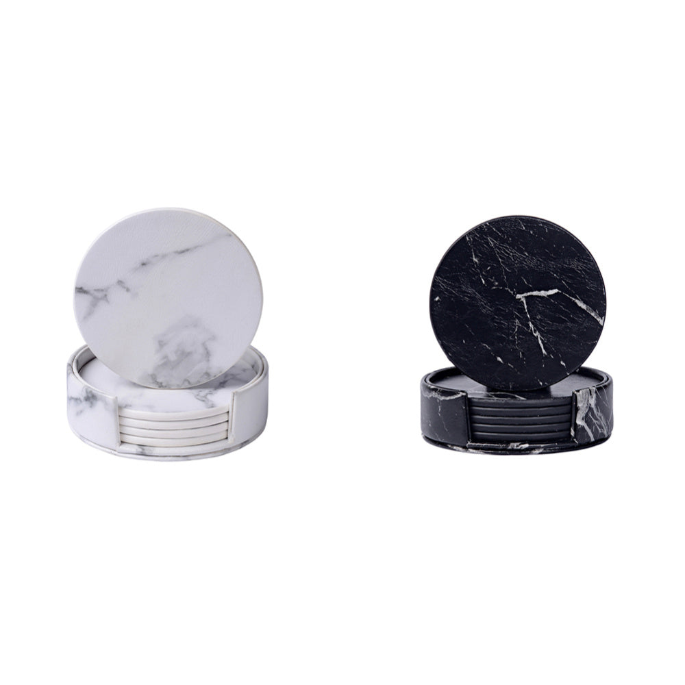 Marble pattern double-sided leather coasters in black and white, durable tabletop decor.