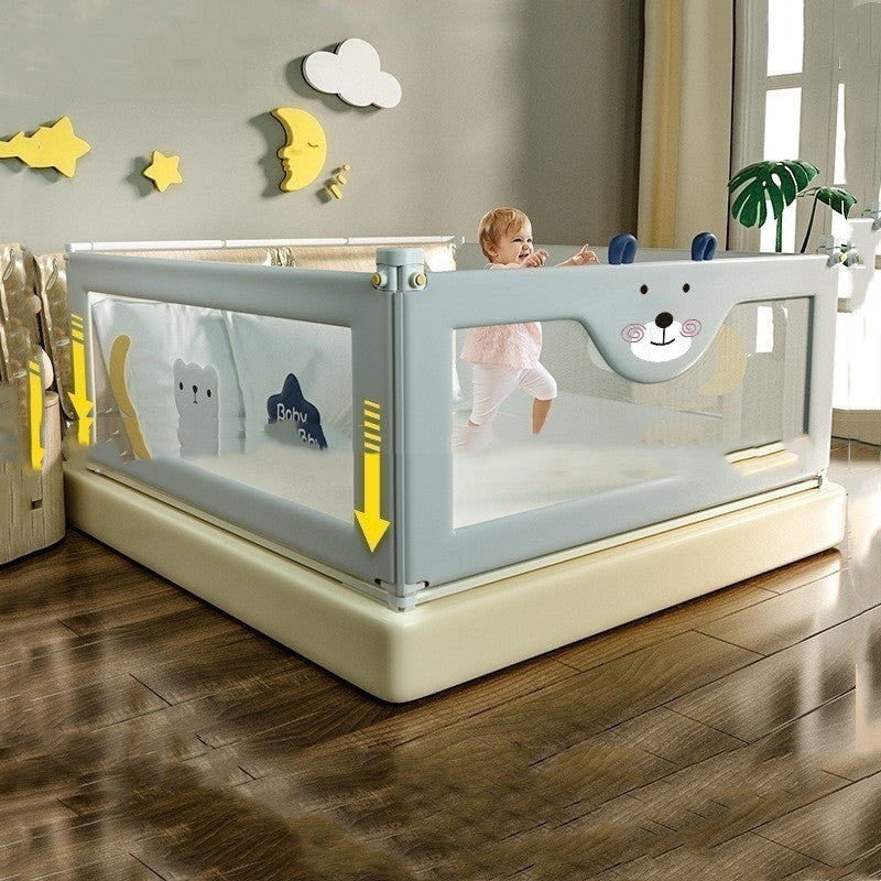 Adjustable embroidered children's anti-drop bed baffle with cute animal design, universal fit for various mattress heights.