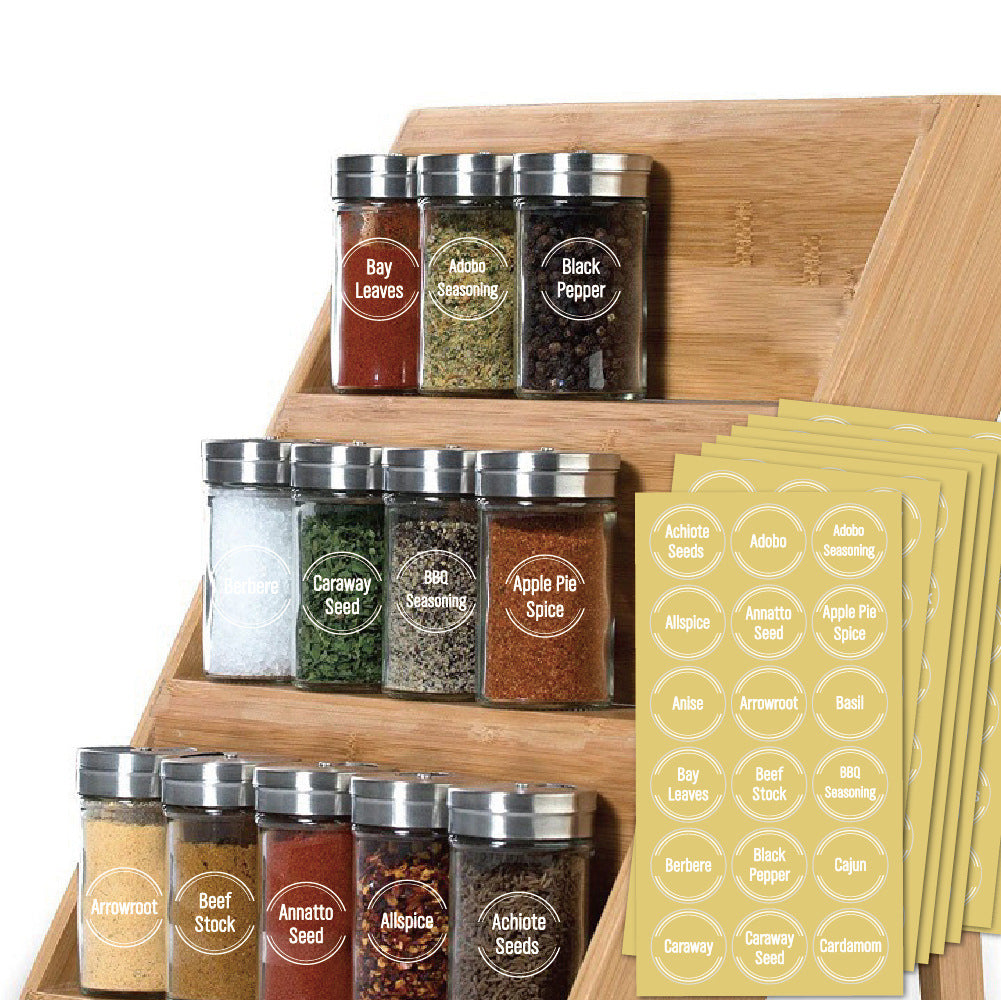 Waterproof spice tag stickers for pantry organization, round PVC labels in a set of 144.